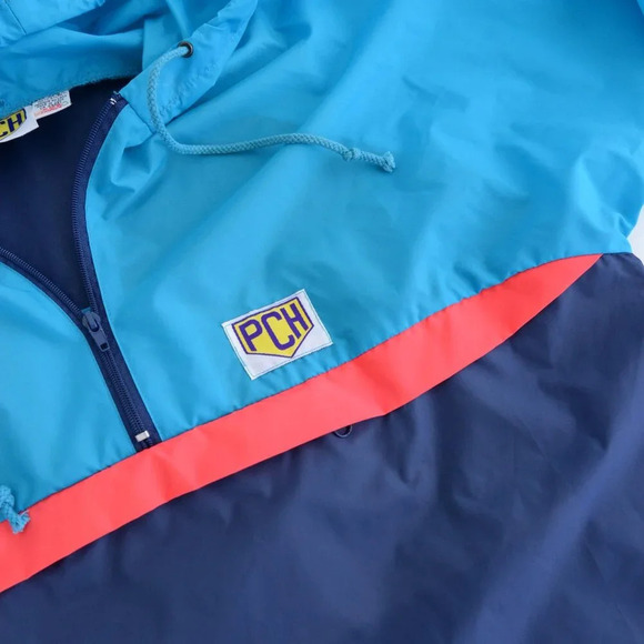 Vintage Pch Teal Navy Waterproof Nylon Hooded Half Zip Windbreaker Jacket G/L - Picture 9 of 10